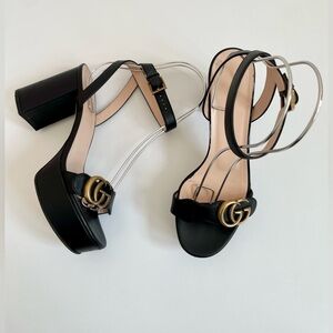 Gucci Marmont GG Platform Sandals EU 37 US 7 Black Leather Block High Heel